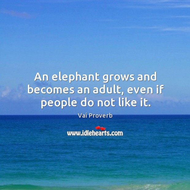 An elephant grows and becomes an adult, even if people do not like it. Vai Proverbs Image