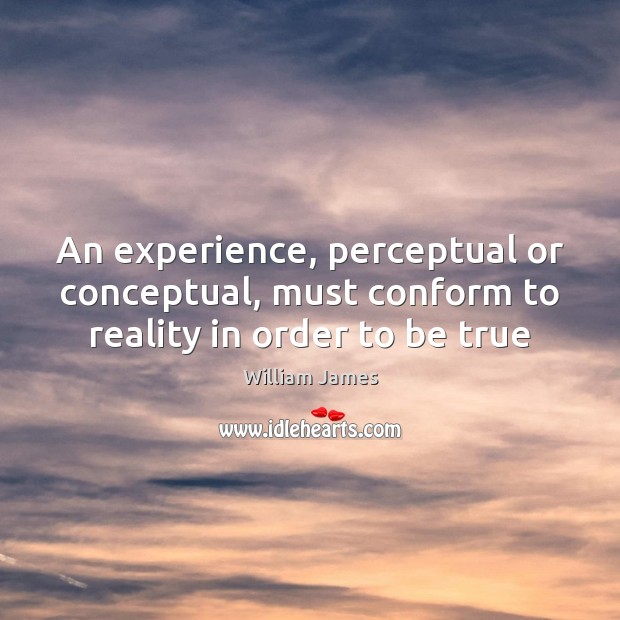 An experience, perceptual or conceptual, must conform to reality in order to be true William James Picture Quote