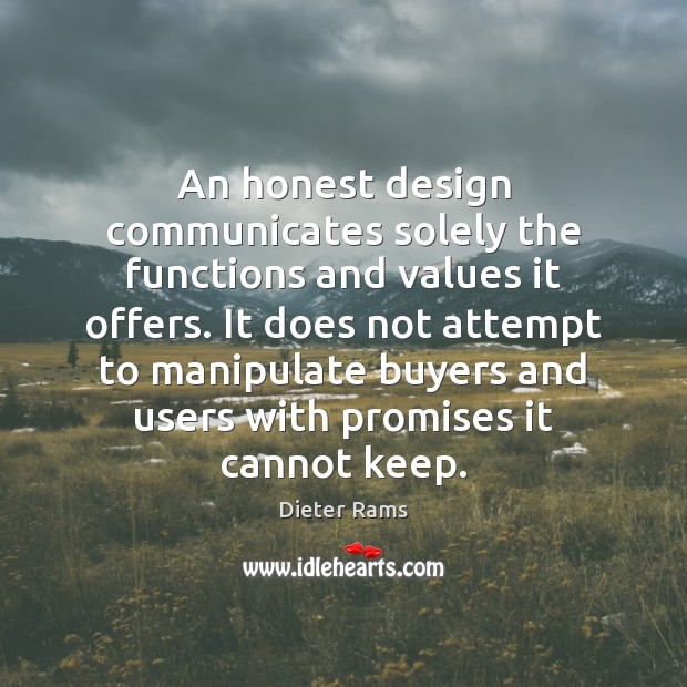 An honest design communicates solely the functions and values it offers. It Dieter Rams Picture Quote