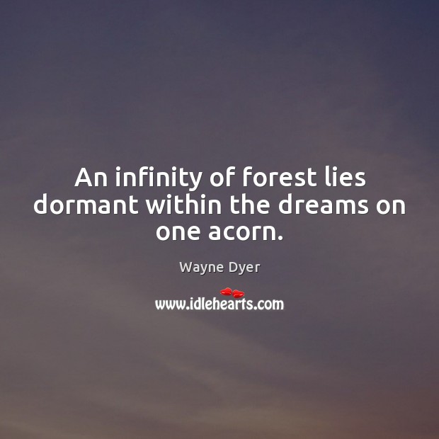 An infinity of forest lies dormant within the dreams on one acorn. Wayne Dyer Picture Quote