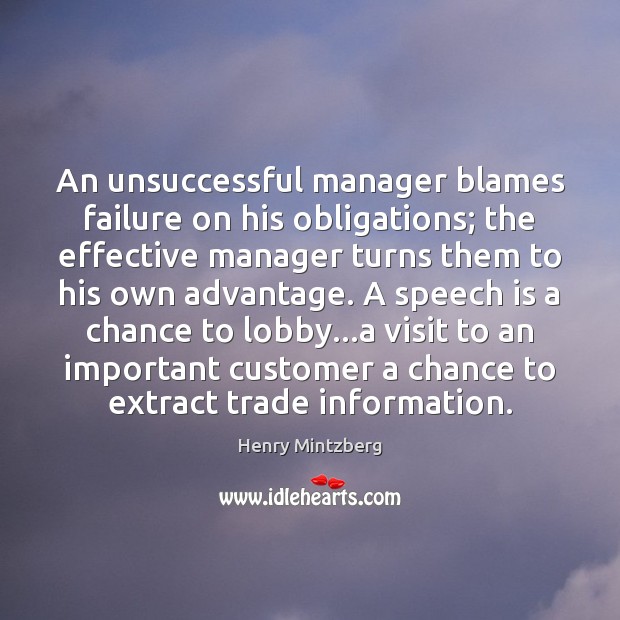 An unsuccessful manager blames failure on his obligations; the effective manager turns Henry Mintzberg Picture Quote