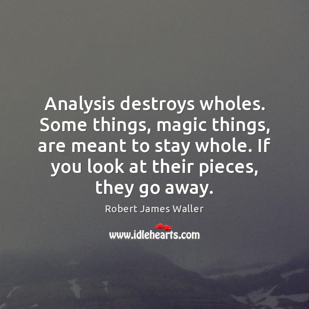 Analysis destroys wholes. Some things, magic things, are meant to stay whole. Robert James Waller Picture Quote