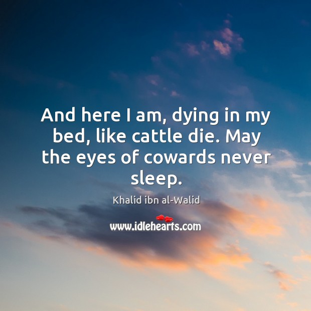 And here I am, dying in my bed, like cattle die. May the eyes of cowards never sleep. Khalid ibn al-Walid Picture Quote