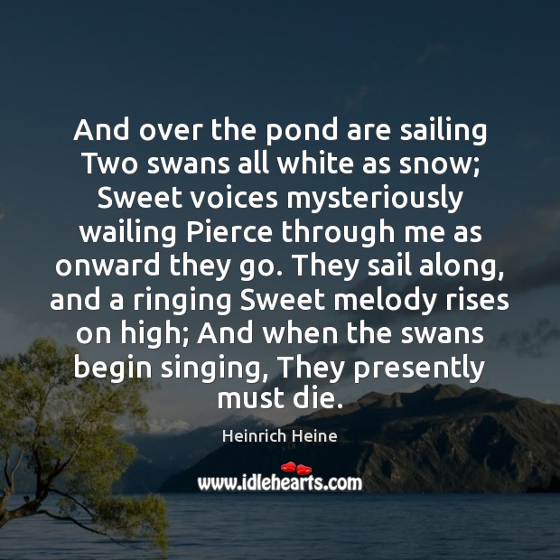 And over the pond are sailing Two swans all white as snow; Image