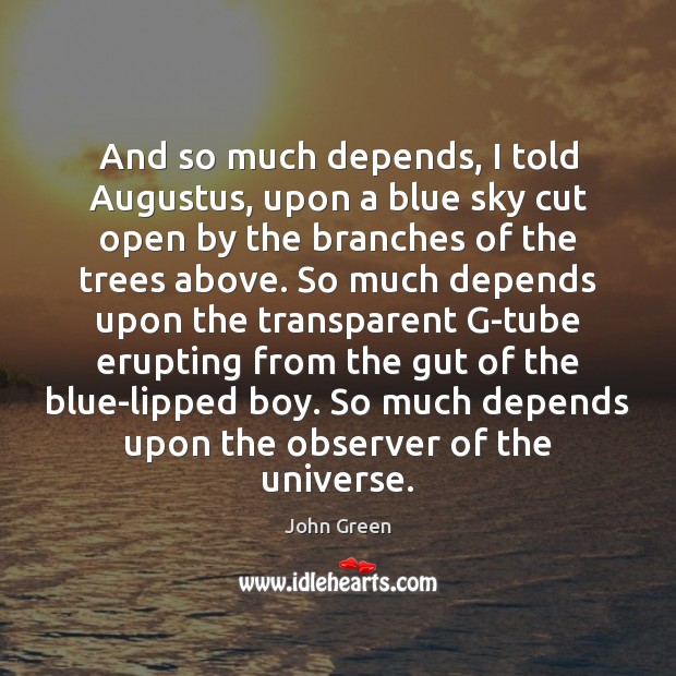 And so much depends, I told Augustus, upon a blue sky cut John Green Picture Quote