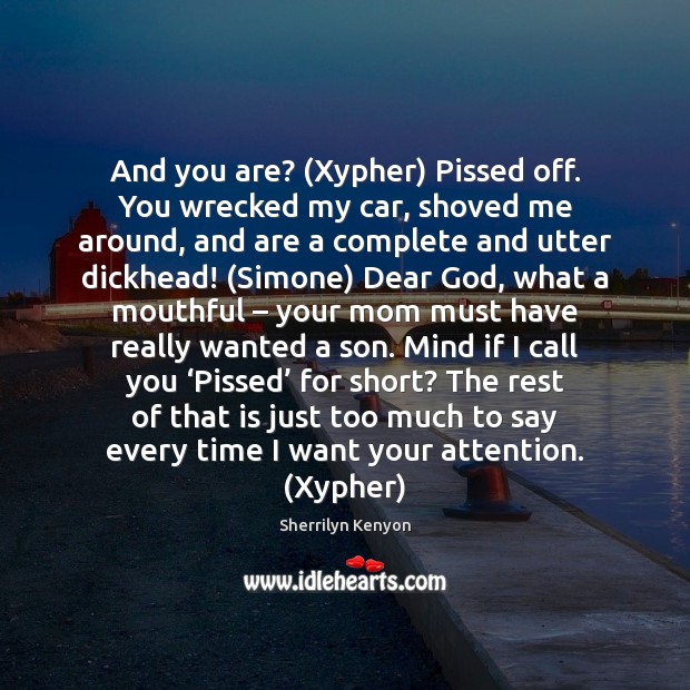 And you are? (Xypher) Pissed off. You wrecked my car, shoved me Image