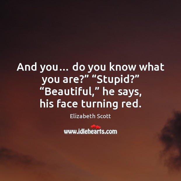And you… do you know what you are?” “Stupid?” “Beautiful,” he says, Elizabeth Scott Picture Quote