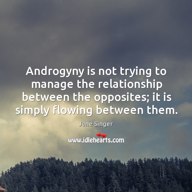 Androgyny is not trying to manage the relationship between the opposites; it is simply flowing between them. June Singer Picture Quote