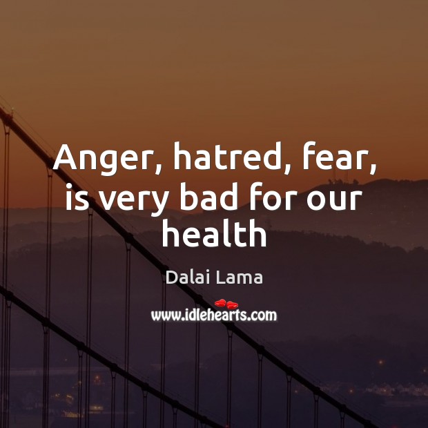Anger, hatred, fear, is very bad for our health Dalai Lama Picture Quote