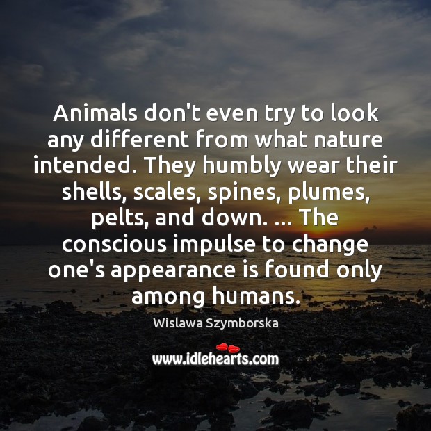 Animals don’t even try to look any different from what nature intended. Wislawa Szymborska Picture Quote