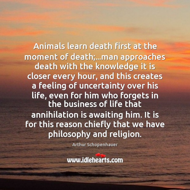 Animals learn death first at the moment of death;…man approaches death Arthur Schopenhauer Picture Quote