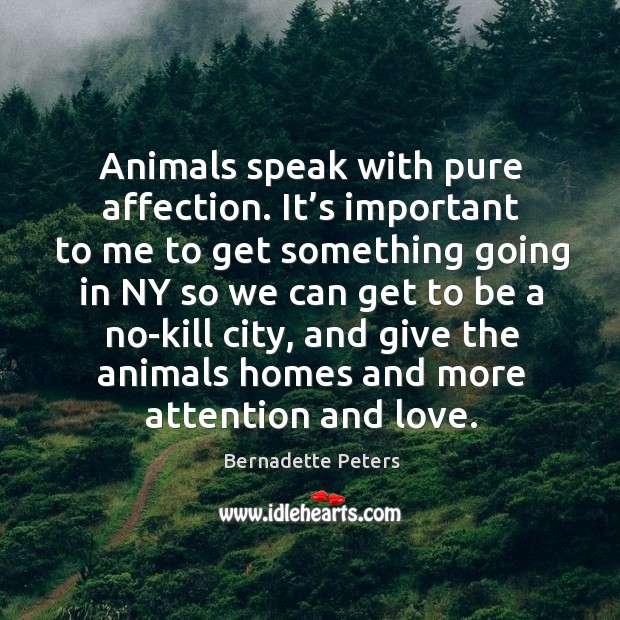 Animals speak with pure affection. It’s important to me to get something going in Bernadette Peters Picture Quote