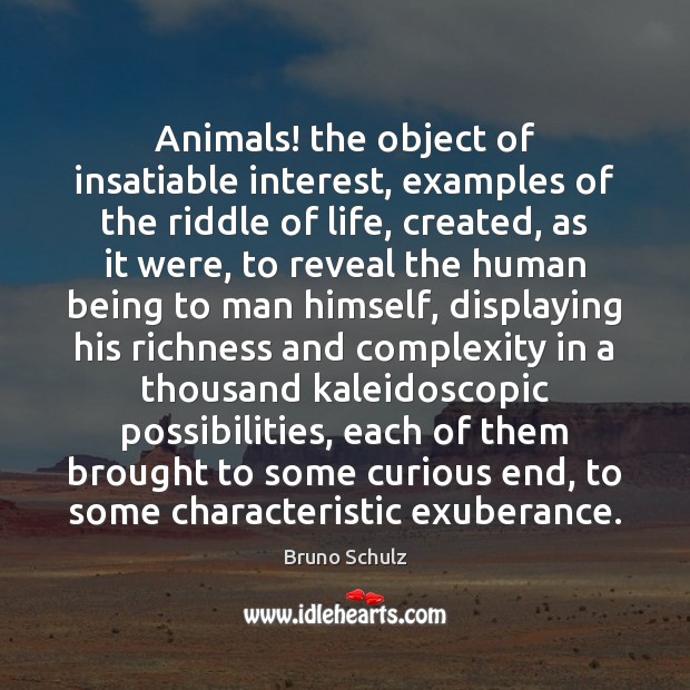 Animals! the object of insatiable interest, examples of the riddle of life, Bruno Schulz Picture Quote