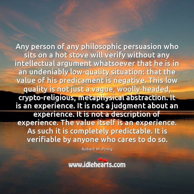Any person of any philosophic persuasion who sits on a hot stove Robert M. Pirsig Picture Quote