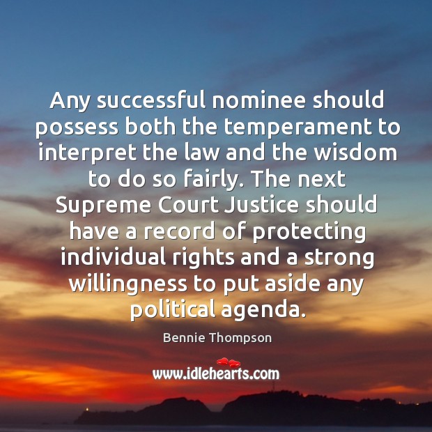 Any successful nominee should possess both the temperament to interpret the law and the wisdom to do so fairly. Bennie Thompson Picture Quote