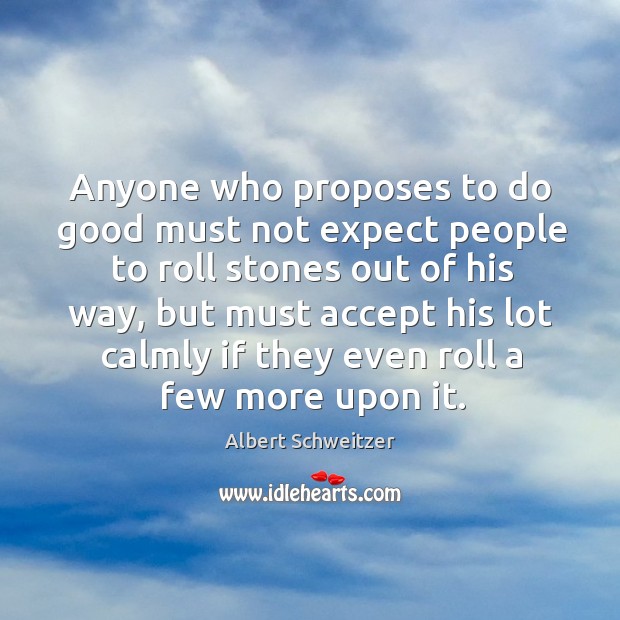 Anyone who proposes to do good must not expect people to roll stones out of his way Albert Schweitzer Picture Quote