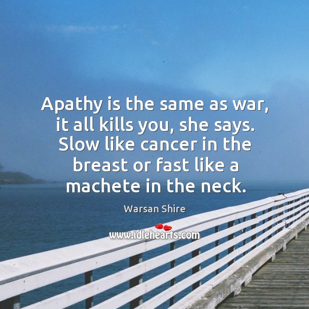Apathy is the same as war, it all kills you, she says. Warsan Shire Picture Quote