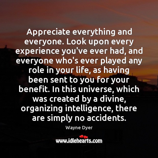 Appreciate everything and everyone. Look upon every experience you’ve ever had, and Wayne Dyer Picture Quote