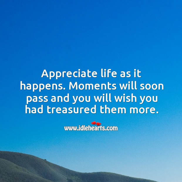 Appreciate life as it happens. Moments will soon pass and you will wish you had treasured them more. Appreciate Quotes Image