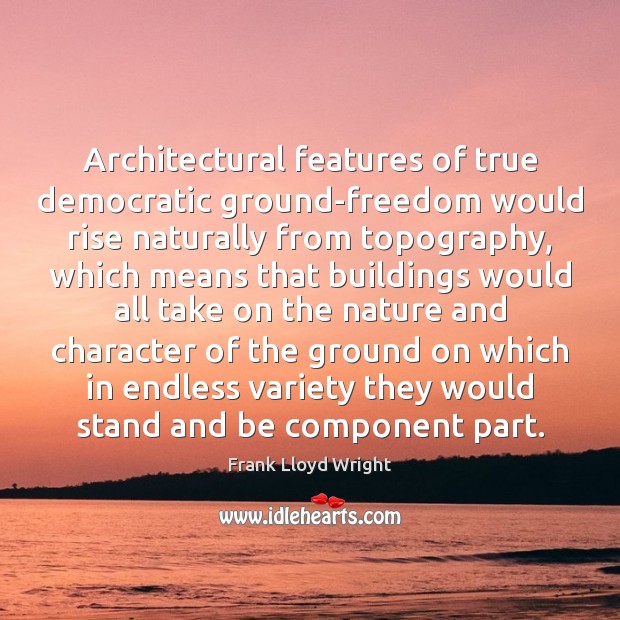Architectural features of true democratic ground-freedom would rise naturally from topography, which Frank Lloyd Wright Picture Quote
