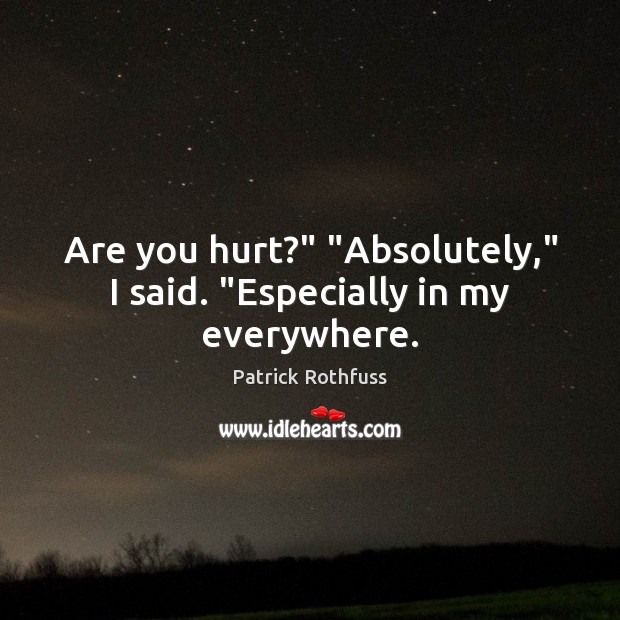 Are you hurt?” “Absolutely,” I said. “Especially in my everywhere. Patrick Rothfuss Picture Quote