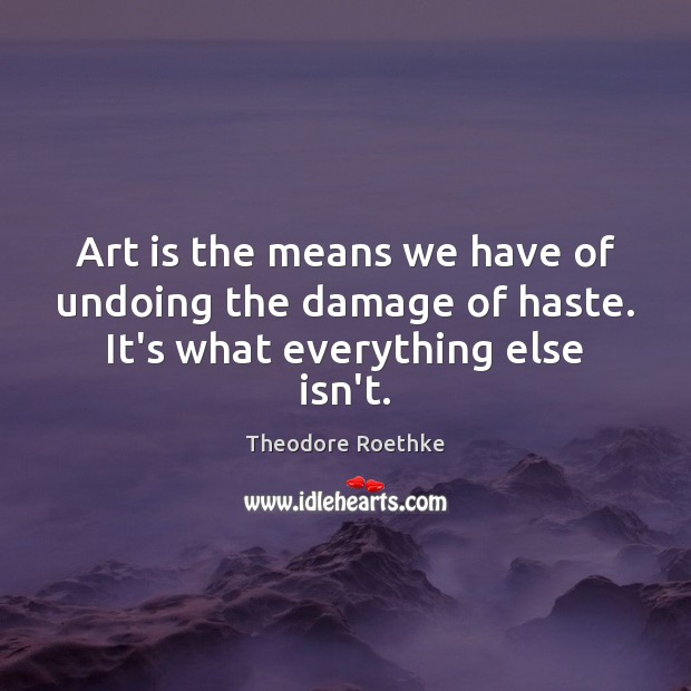 Art is the means we have of undoing the damage of haste. It’s what everything else isn’t. Theodore Roethke Picture Quote