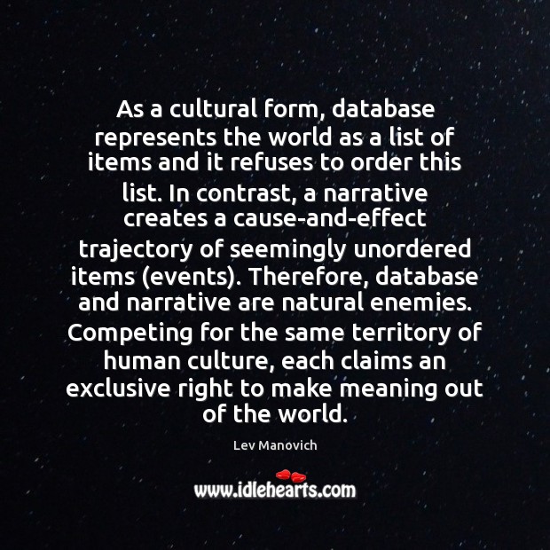 As a cultural form, database represents the world as a list of Lev Manovich Picture Quote