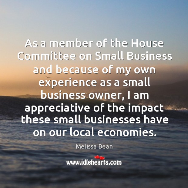 As a member of the house committee on small business and because of my own experience as a small business owner Melissa Bean Picture Quote