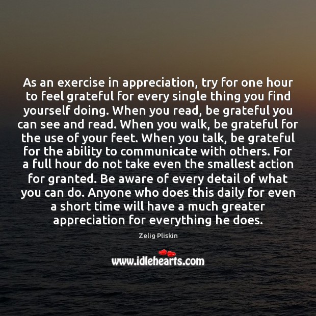 As an exercise in appreciation, try for one hour to feel grateful Zelig Pliskin Picture Quote