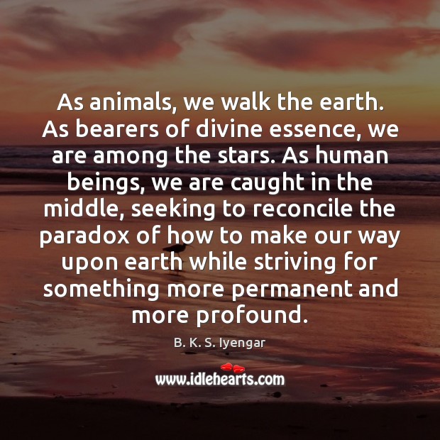 As animals, we walk the earth. As bearers of divine essence, we B. K. S. Iyengar Picture Quote