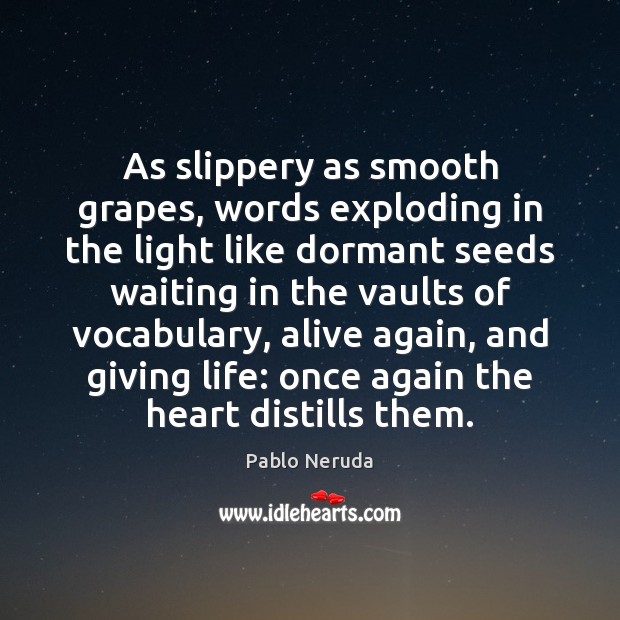 As slippery as smooth grapes, words exploding in the light like dormant Pablo Neruda Picture Quote