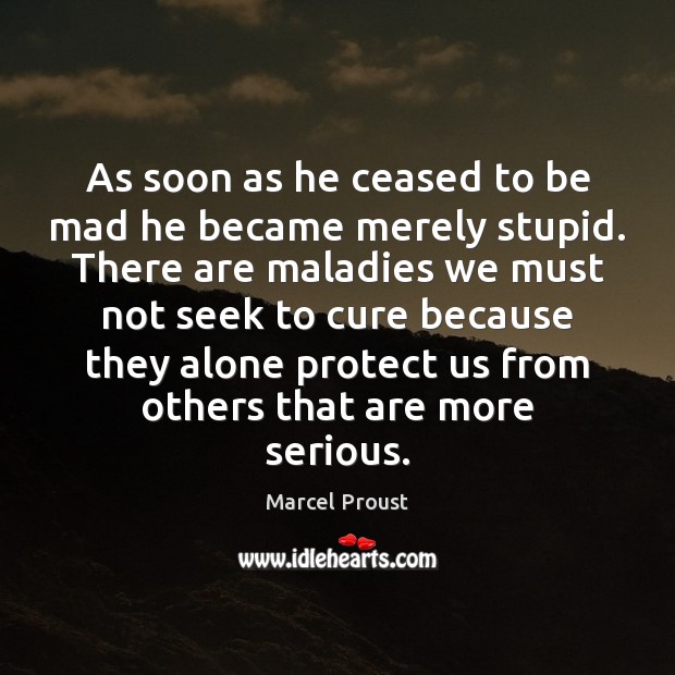 As soon as he ceased to be mad he became merely stupid. Marcel Proust Picture Quote