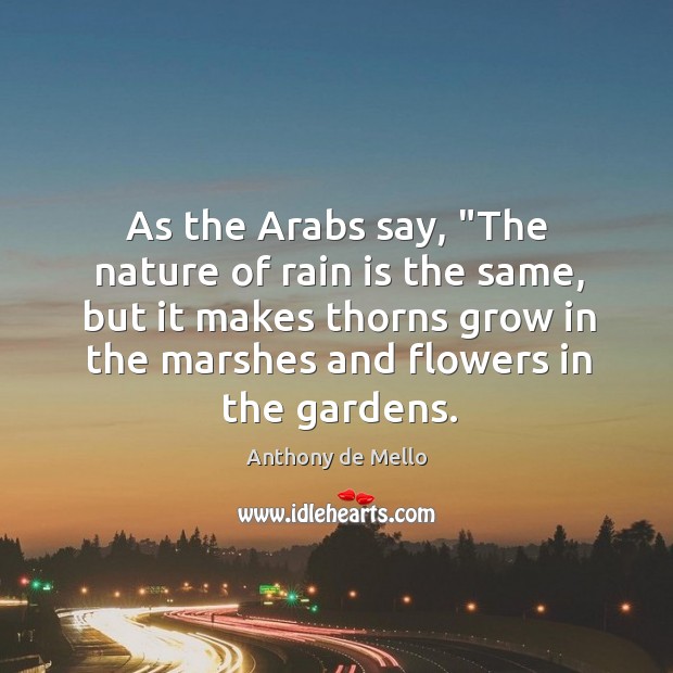 As the Arabs say, “The nature of rain is the same, but Anthony de Mello Picture Quote