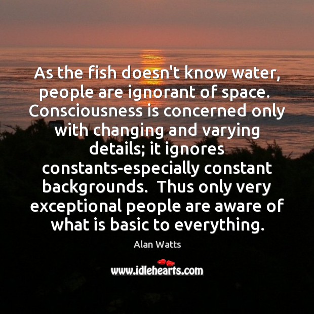 As the fish doesn’t know water, people are ignorant of space.  Consciousness Alan Watts Picture Quote