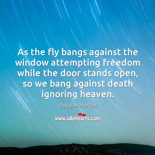 As the fly bangs against the window attempting freedom while the door stands open, so we bang against death ignoring heaven. Douglas Horton Picture Quote
