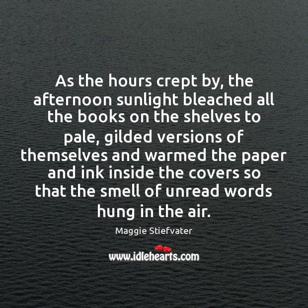 As the hours crept by, the afternoon sunlight bleached all the books 