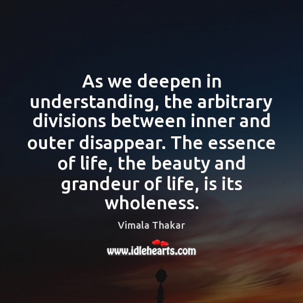 As we deepen in understanding, the arbitrary divisions between inner and outer Vimala Thakar Picture Quote