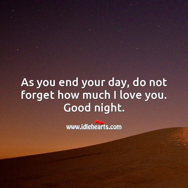 As you end your day, do not forget how much I love you. Good night. Good Night Quotes for Love Image