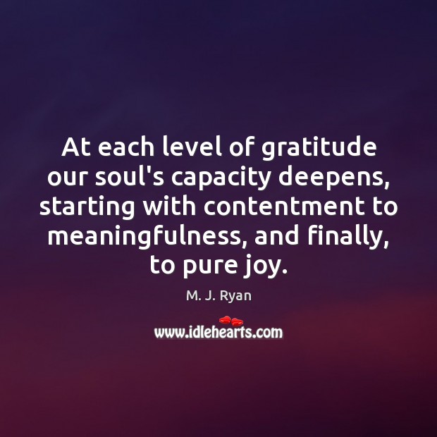 At each level of gratitude our soul’s capacity deepens, starting with contentment M. J. Ryan Picture Quote