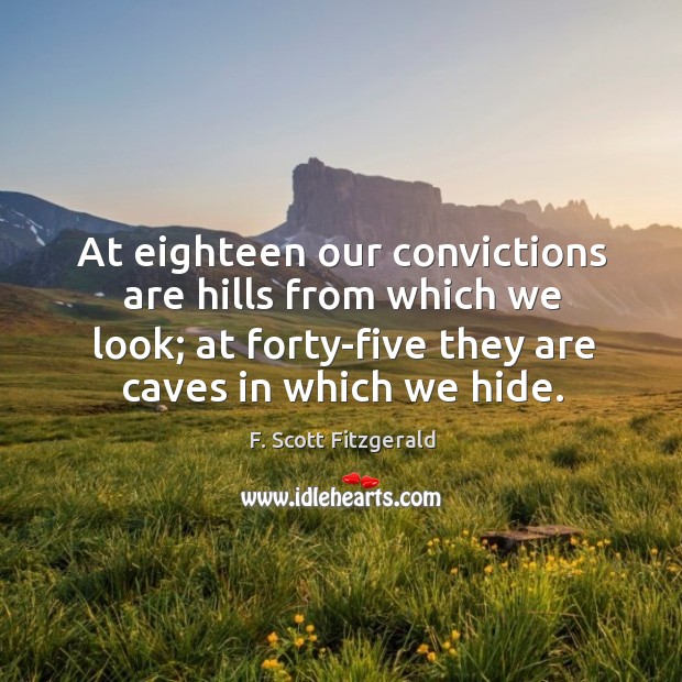 At eighteen our convictions are hills from which we look; at forty-five they are caves in which we hide. F. Scott Fitzgerald Picture Quote
