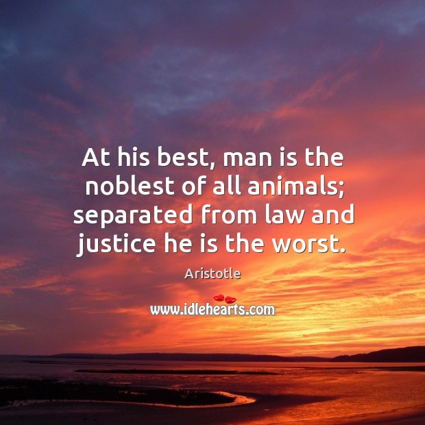 At his best, man is the noblest of all animals; separated from law and justice he is the worst. Aristotle Picture Quote