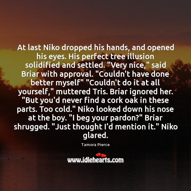 At last Niko dropped his hands, and opened his eyes. His perfect Tamora Pierce Picture Quote