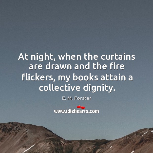 At night, when the curtains are drawn and the fire flickers, my books attain a collective dignity. Image