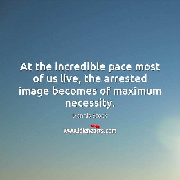 At the incredible pace most of us live, the arrested image becomes of maximum necessity. Dennis Stock Picture Quote