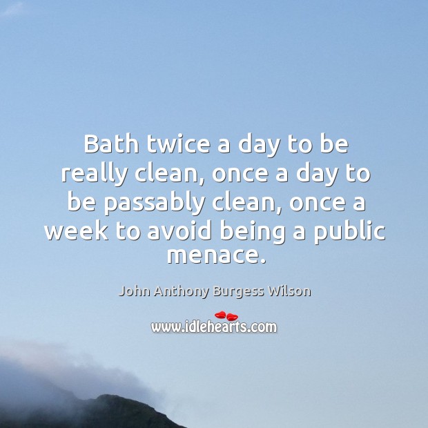Bath twice a day to be really clean, once a day to be passably clean, once a week to avoid being a public menace. John Anthony Burgess Wilson Picture Quote