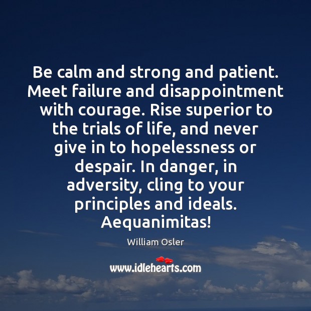 Be calm and strong and patient. Meet failure and disappointment with courage. William Osler Picture Quote