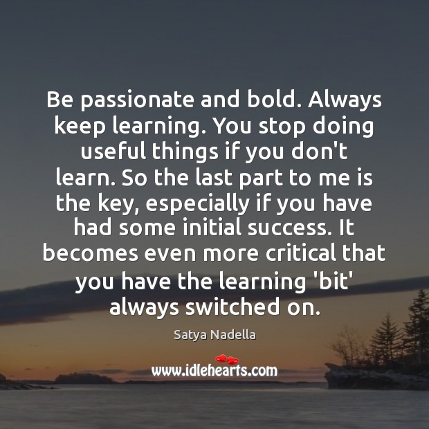 Be passionate and bold. Always keep learning. You stop doing useful things Satya Nadella Picture Quote
