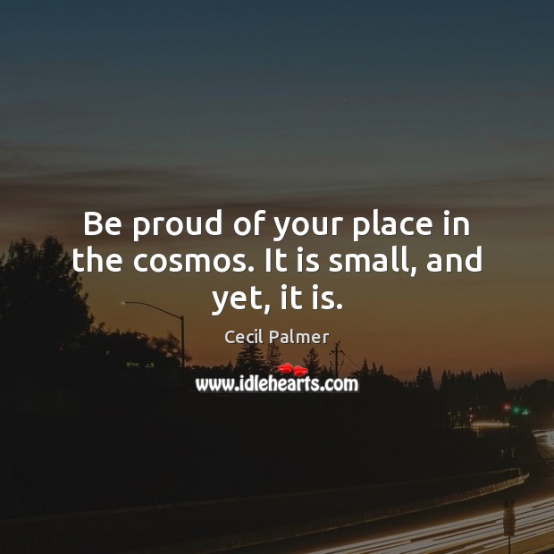 Be proud of your place in the cosmos. It is small, and yet, it is. Cecil Palmer Picture Quote