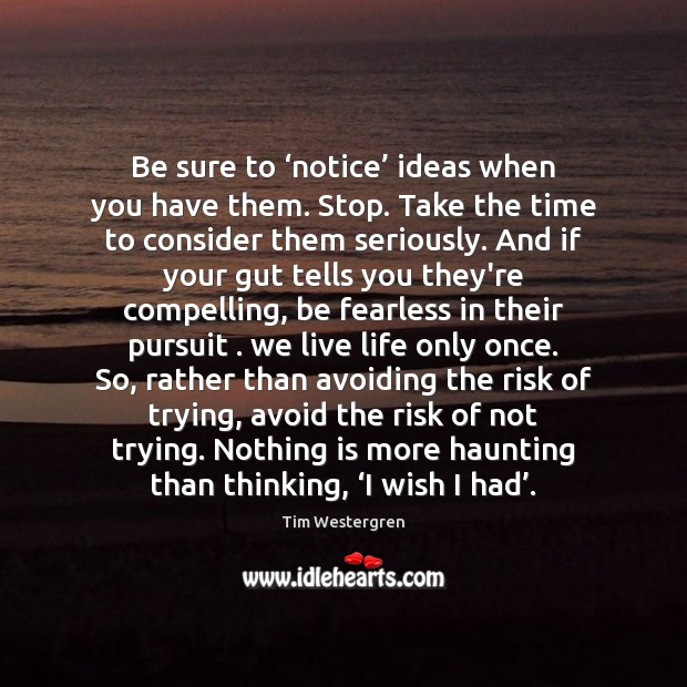 Be sure to ‘notice’ ideas when you have them. Stop. Take the Tim Westergren Picture Quote