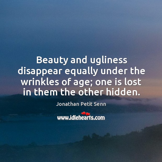 Beauty and ugliness disappear equally under the wrinkles of age; one is lost in them the other hidden. Hidden Quotes Image